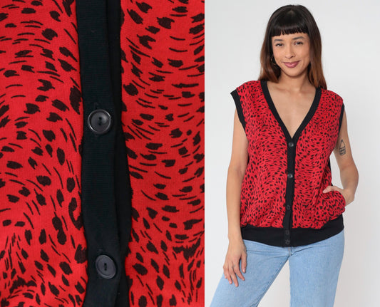 80s C'est George Red Leopard Print Vest V-Neck Sleeveless Button-Up Large L
