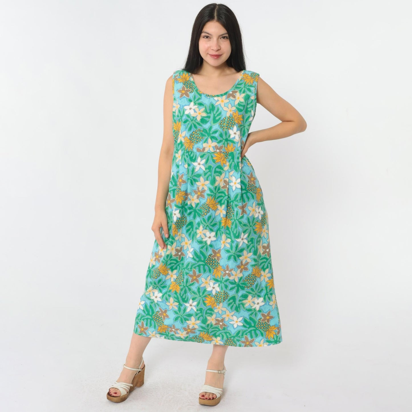Y2K Ron Jon Surf Shop Hawaiian Floral Pineapple Midi Dress Cotton Green Medium