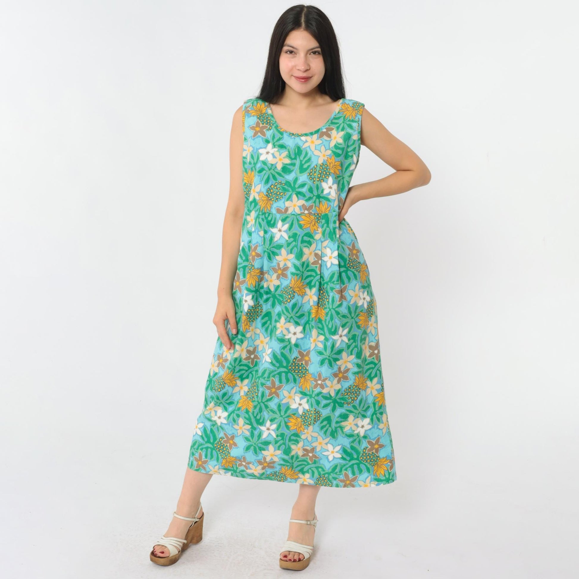 Y2K Ron Jon Surf Shop Hawaiian Floral Pineapple Midi Dress Cotton Green Medium