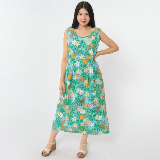 Y2K Ron Jon Surf Shop Hawaiian Floral Pineapple Midi Dress Cotton Green Medium