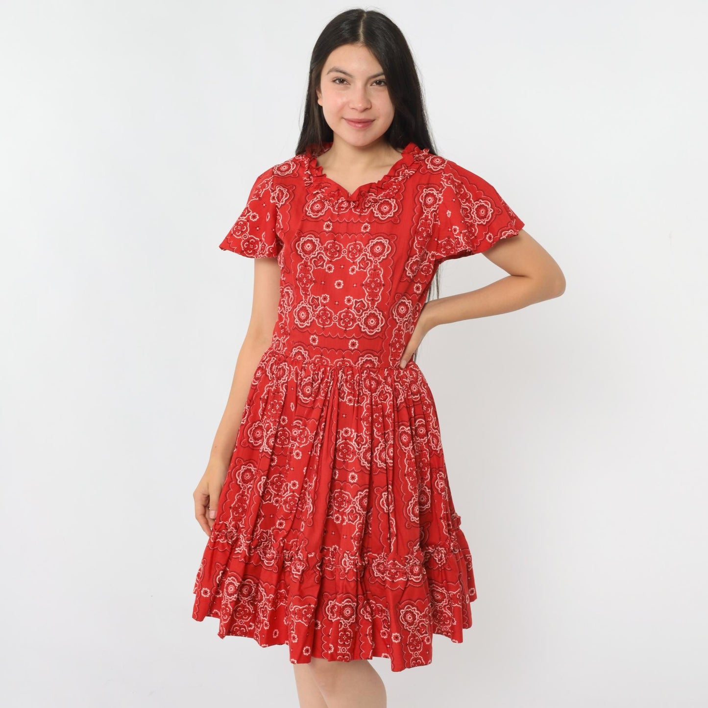 70s Red Handkerchief Print Square Dance Dress Flutter Sleeve Midi Small