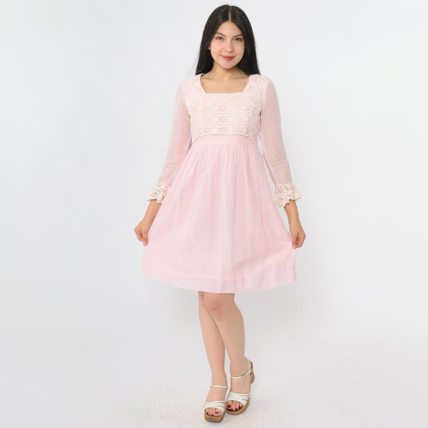 60s Pink Lace Babydoll Dress Empire Waist Mini 3/4 Sleeve Extra Small