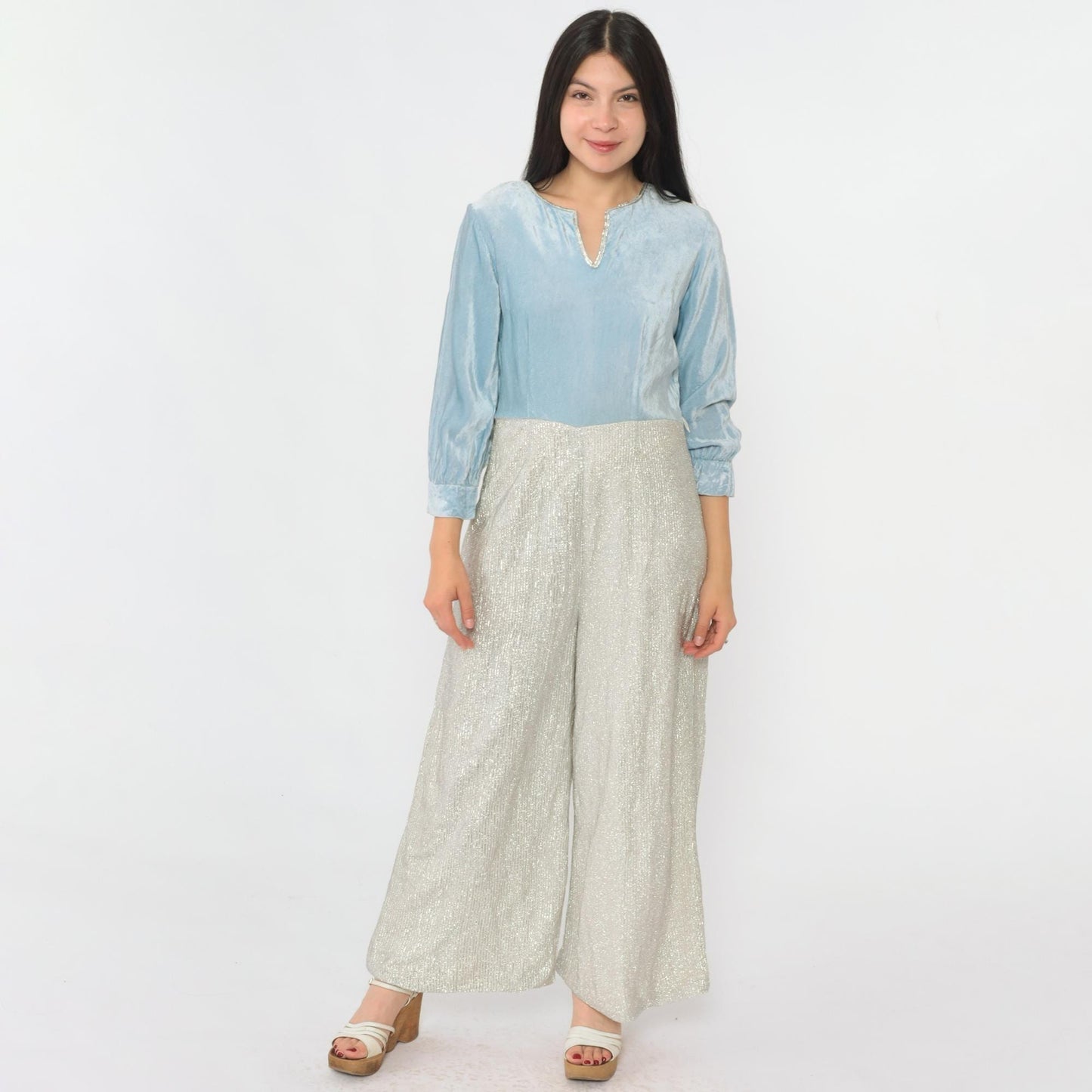 70s Metallic Velvet Jumpsuit Wide Leg Light Blue Silver V-Neck Small S
