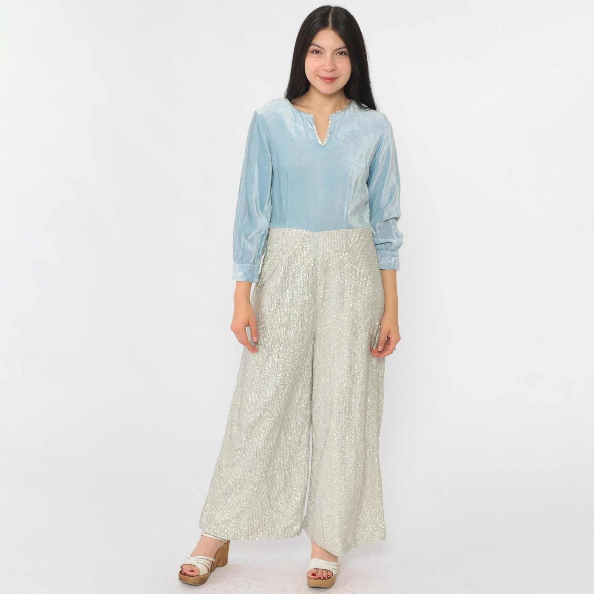 70s Metallic Velvet Jumpsuit Wide Leg Light Blue Silver V-Neck Small S