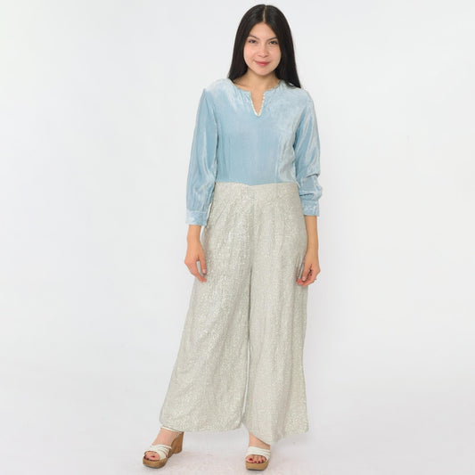 70s Metallic Velvet Jumpsuit Wide Leg Light Blue Silver V-Neck Small S