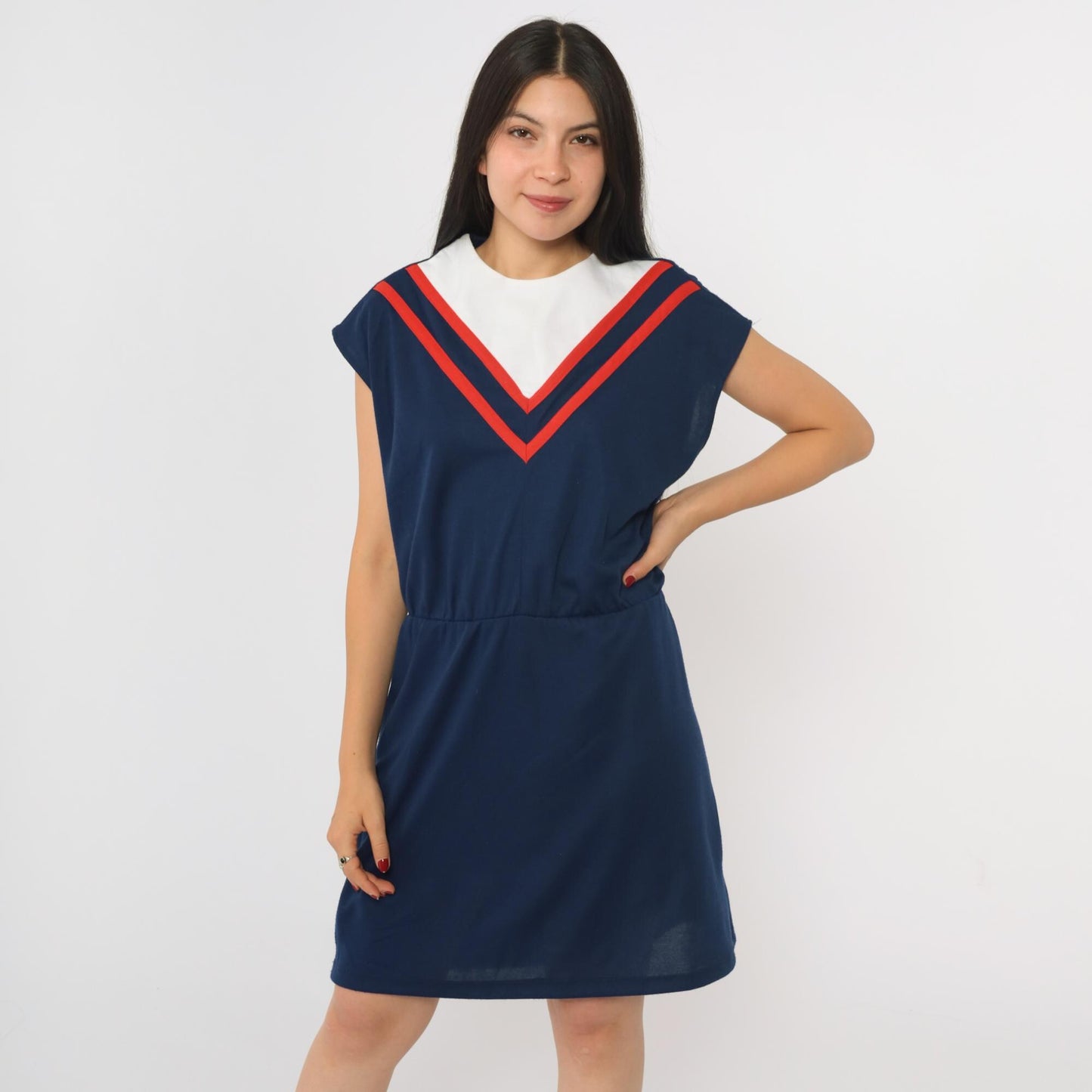 80s Navy Chevron Striped Mini Dress White Yoke Cap Sleeve High Waist Medium