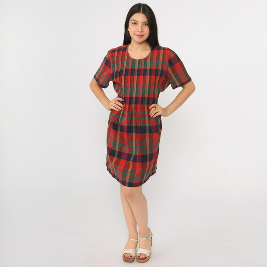90s Plaid Mini Dress Red Blue Green Checkered Shift Linen Cotton Large