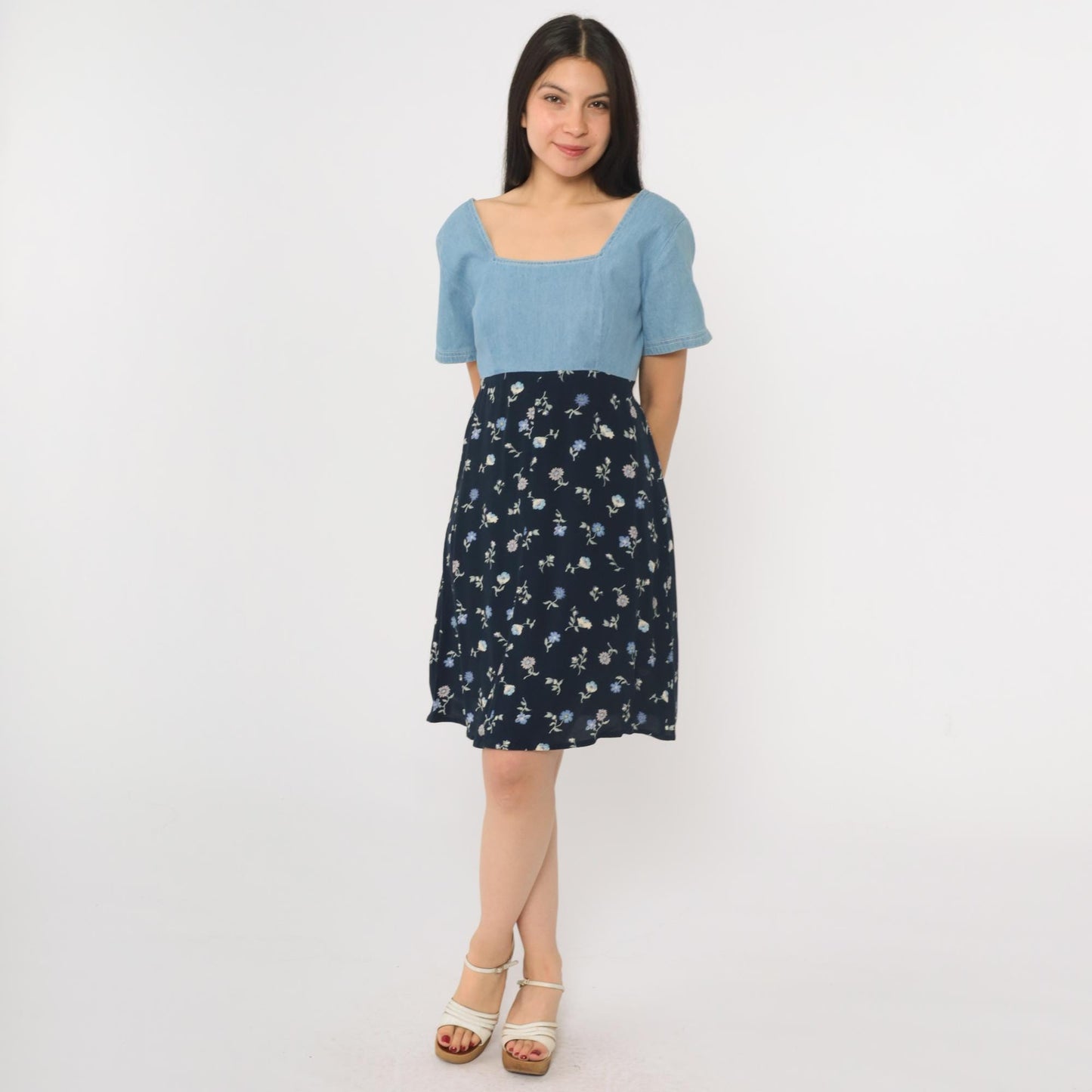 90s Jeans by Express Floral Denim Mini Dress High Waist Blue Small