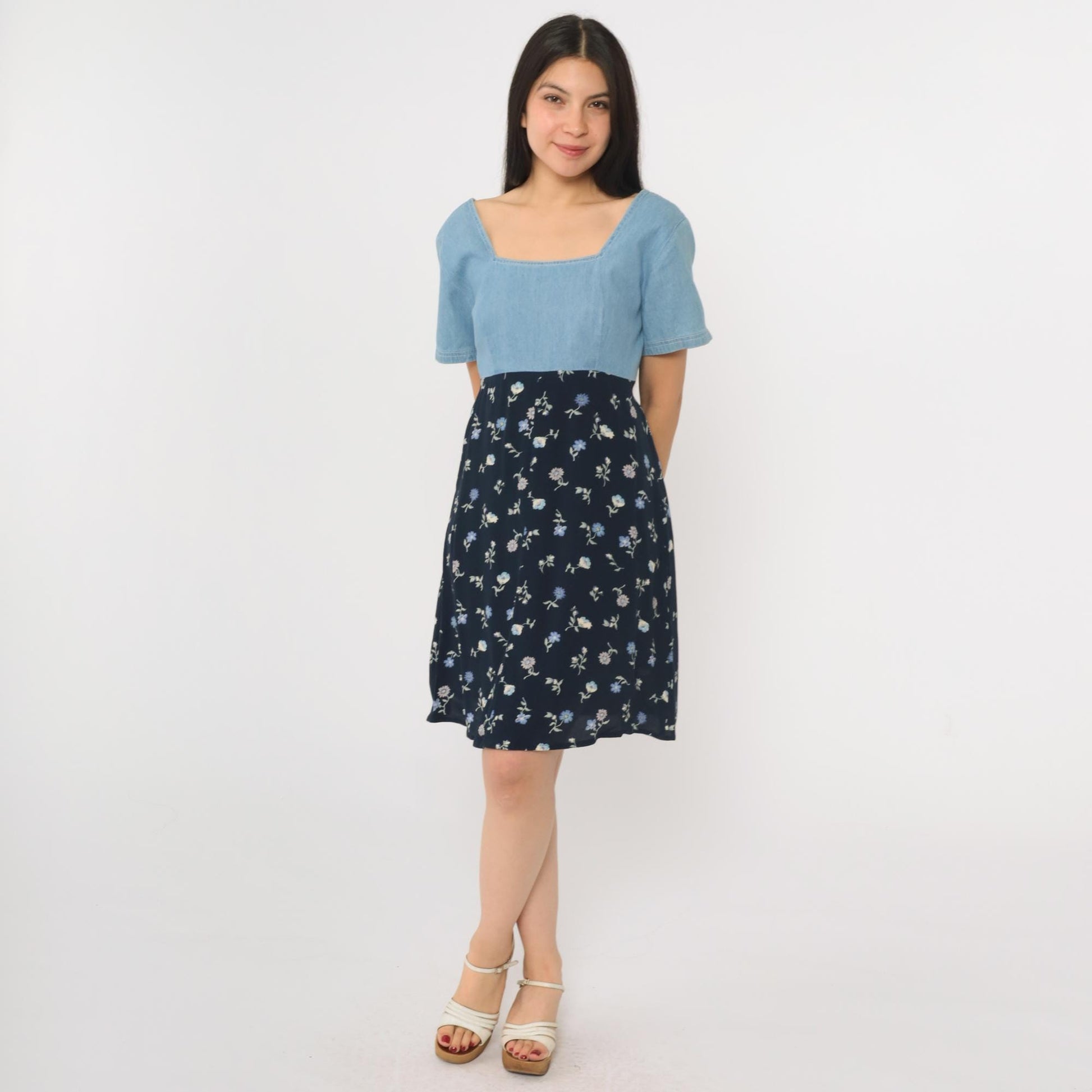 90s Jeans by Express Floral Denim Mini Dress High Waist Blue Small