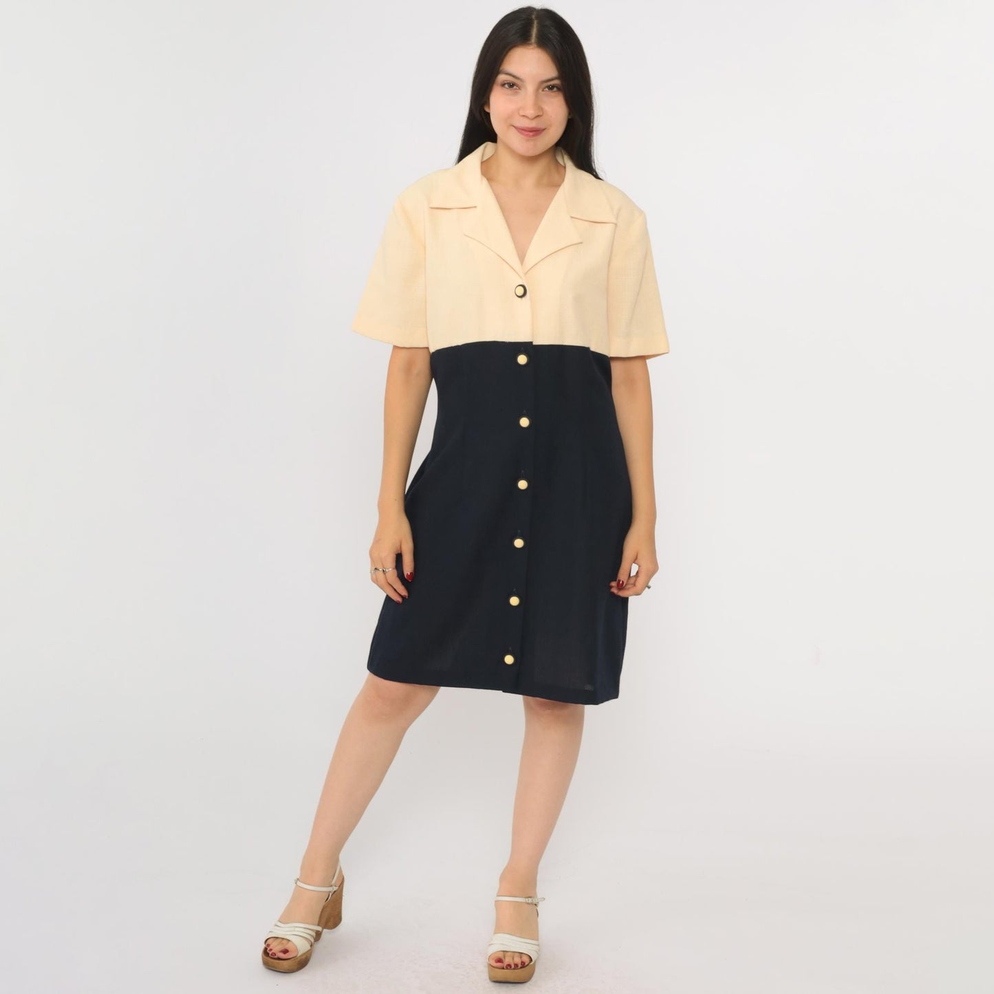 90s Two-Tone Mini Shirtdress Cream Black Empire Waist Button-Up Large
