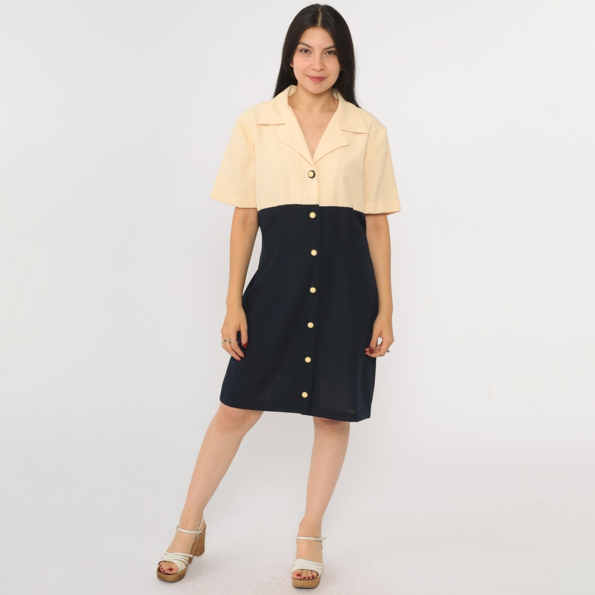 90s Two-Tone Mini Shirtdress Cream Black Empire Waist Button-Up Large