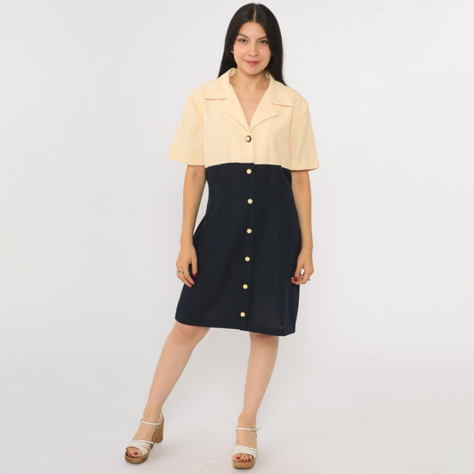 90s Two-Tone Mini Shirtdress Cream Black Empire Waist Button-Up Large