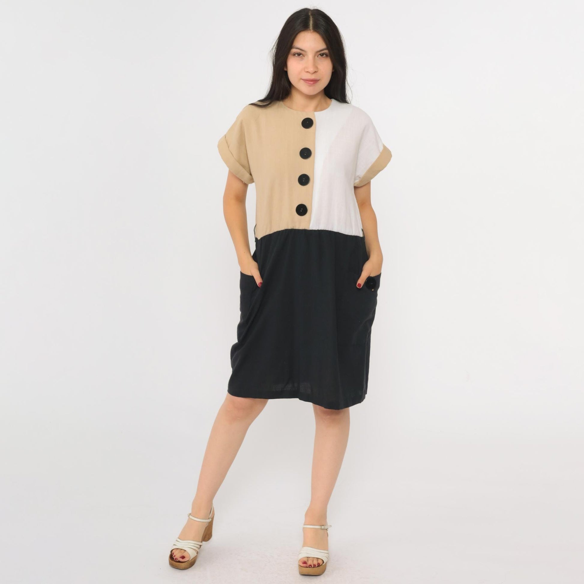 80s Color Block Mini Dress Button-Up High Waist Black Tan White Medium 8