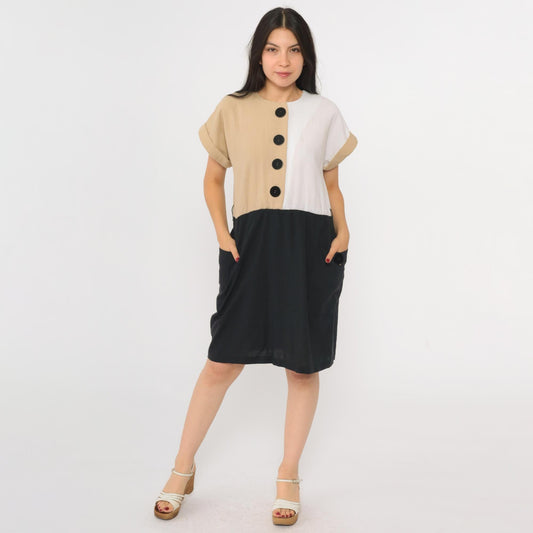 80s Color Block Mini Dress Button-Up High Waist Black Tan White Medium 8