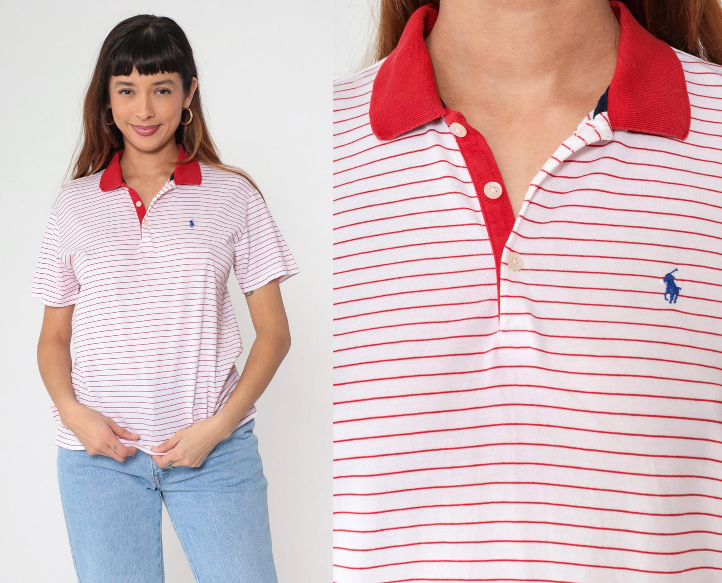 Y2K Ralph Lauren Golf Striped Polo Red White Quarter-Button Short Sleeve Medium
