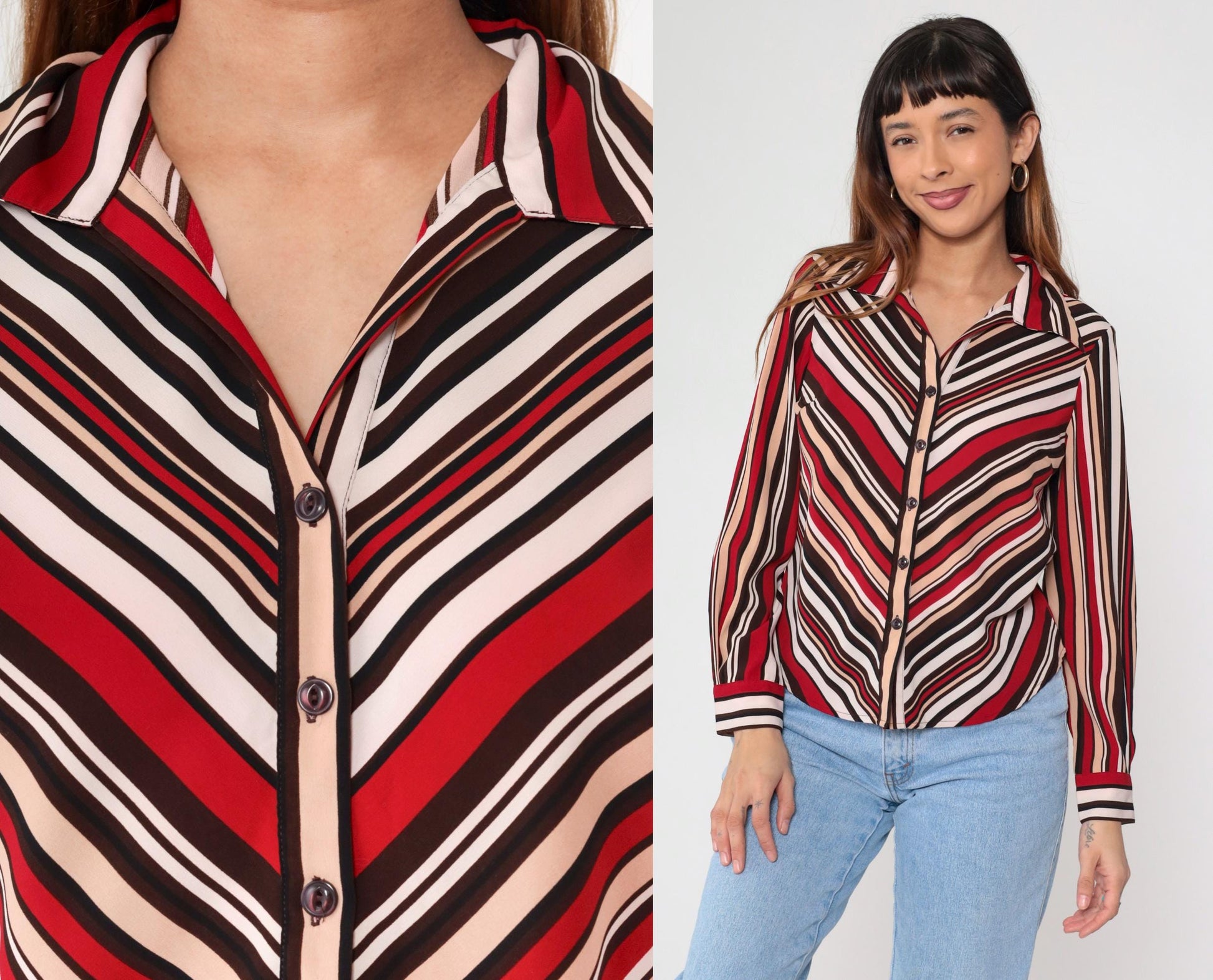 Y2K Chevron Stripe Button Up Blouse Red Brown Tan White Long Sleeve Small S
