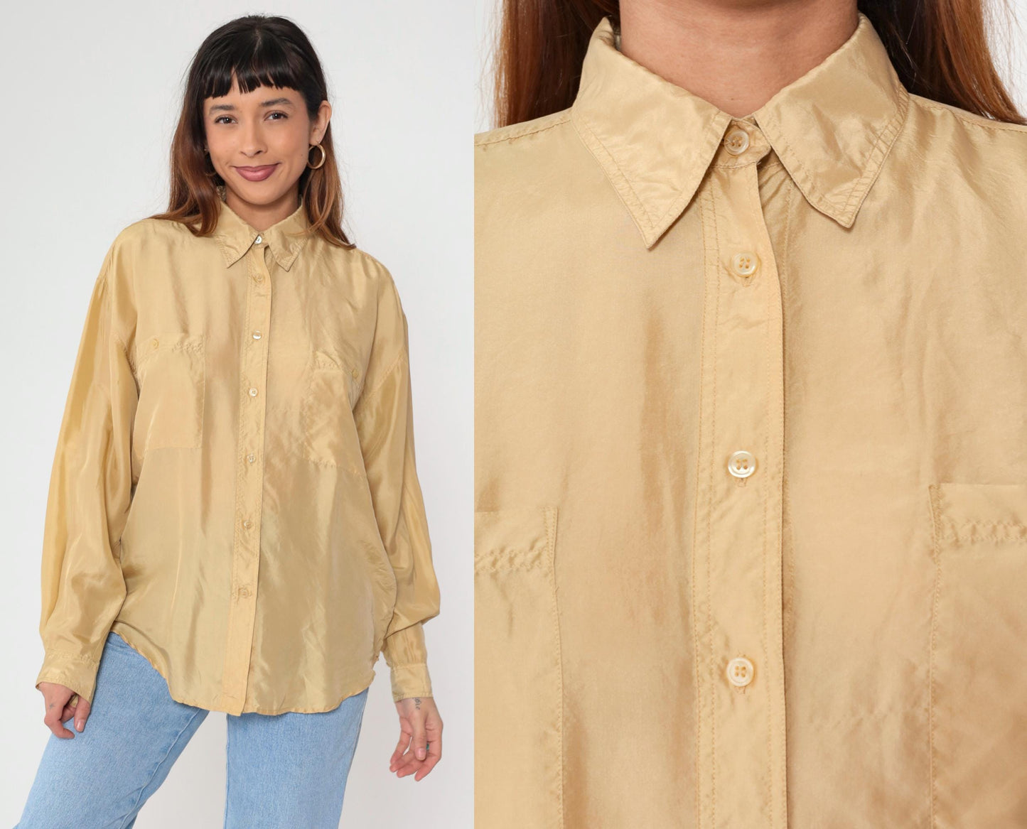 90s Champagne Silk Button-Up Blouse Long Sleeve Chest Pocket Small