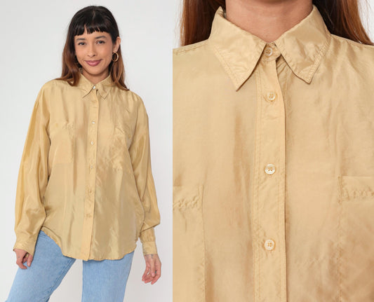 90s Champagne Silk Button-Up Blouse Long Sleeve Chest Pocket Small