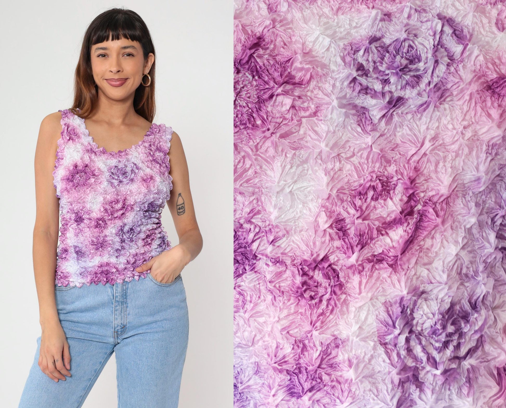 Y2K Purple Floral Popcorn Texture Tank Top Sleeveless Blouse One Size