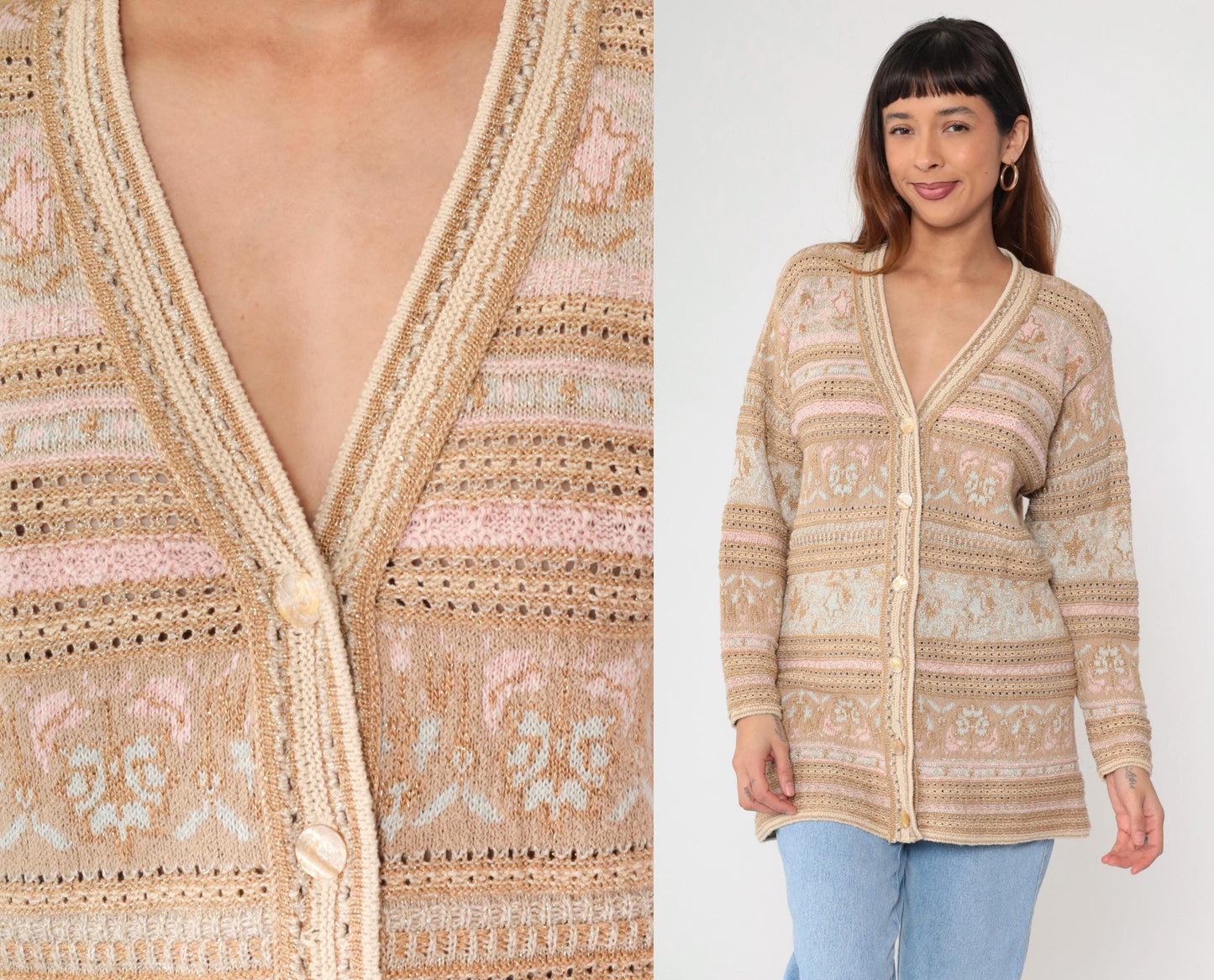 90s Lizsport Gold Floral Cardigan Sweater Tan Metallic Knit V Neck Small S