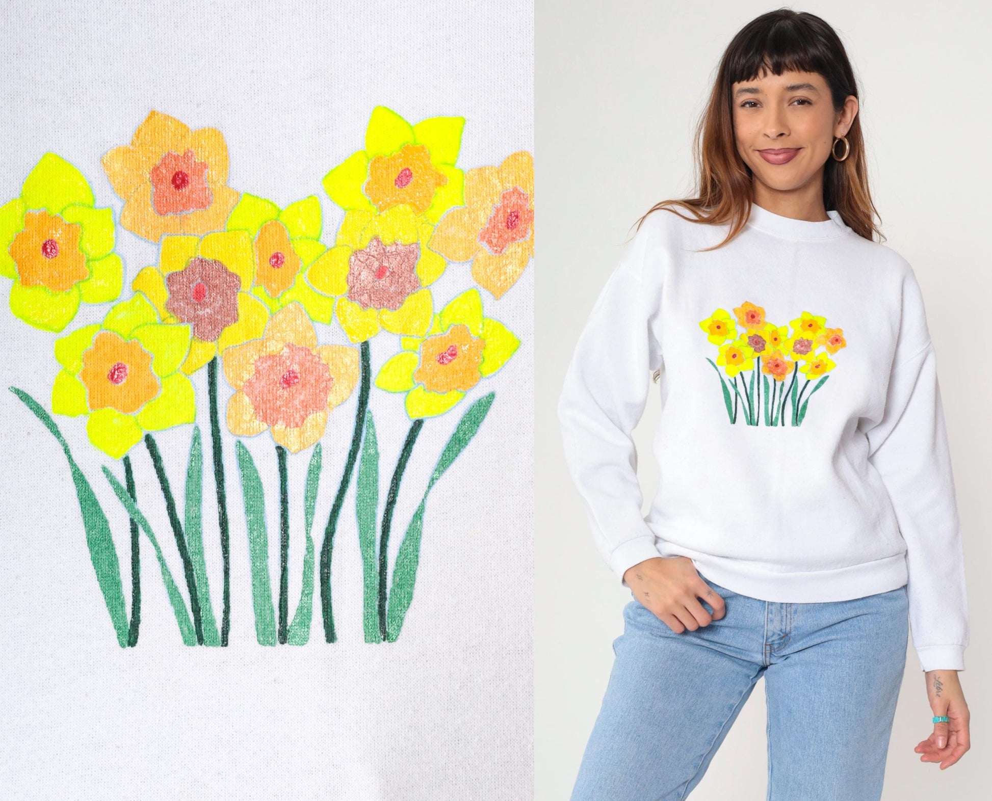 90s Tultex Floral Hand Painted Sweatshirt White Crewneck Medium M