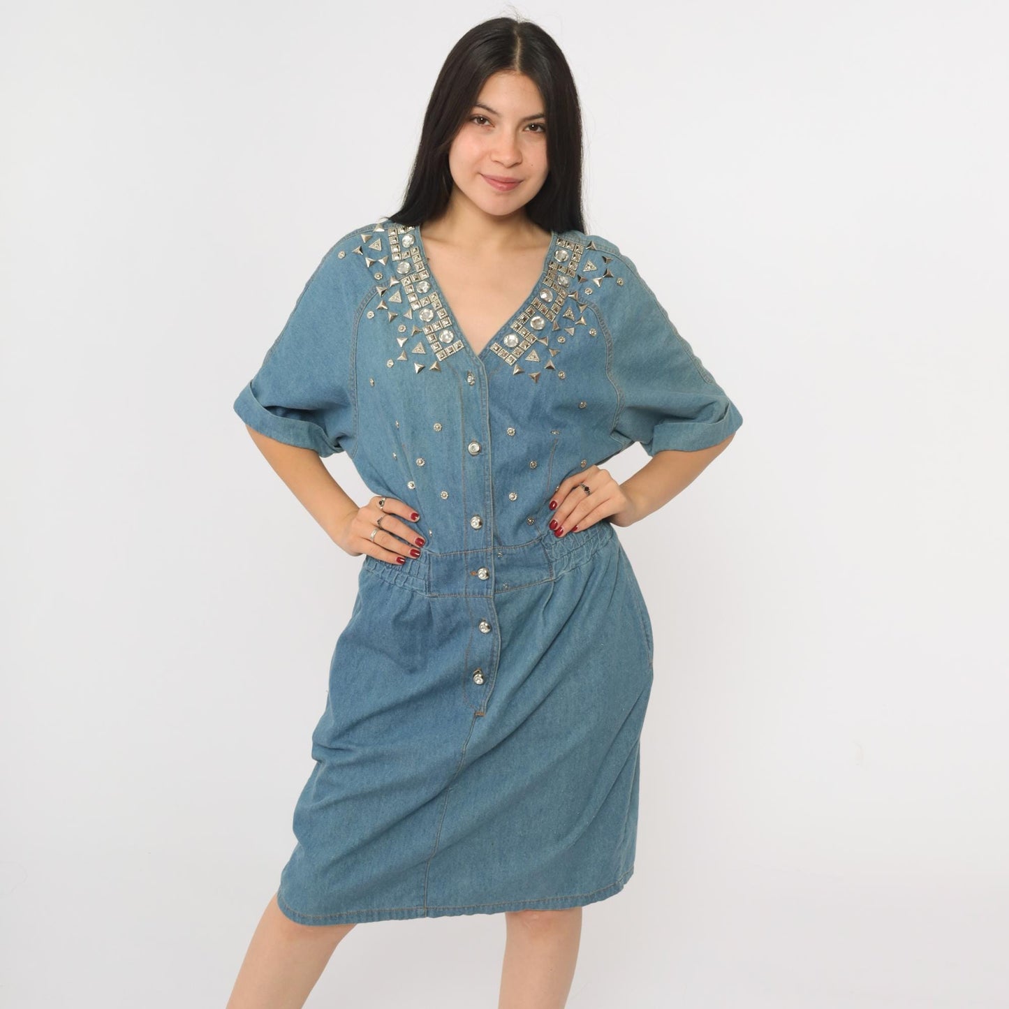 90s Styleworks Blue Denim Midi Dress Studded Rhinestone Button-Up V-Neck Medium