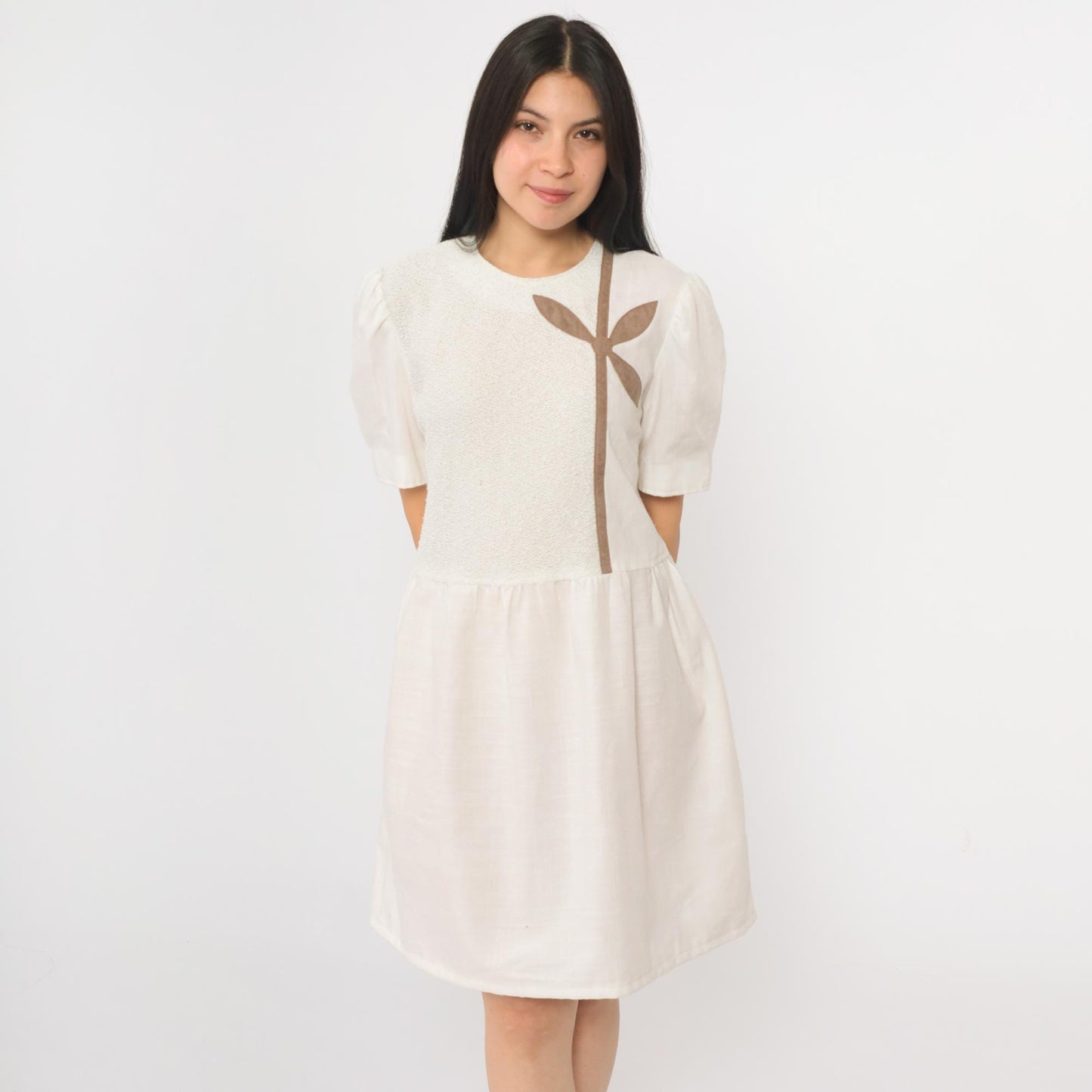 80s Leslie Fay White Floral Applique Mini Dress Puff Sleeve Boucle Knit Medium Large