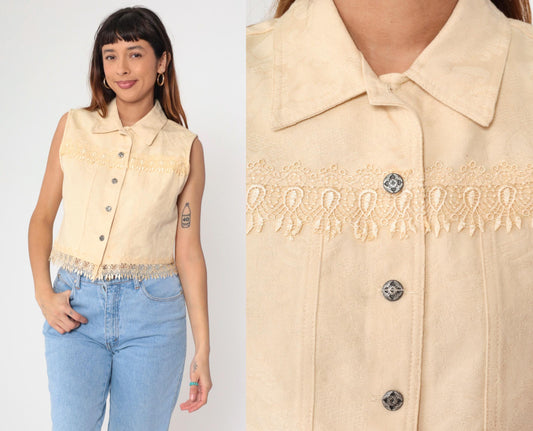 90s Cream Floral Jacquard Vest Cotton Button Up Cropped Medium M