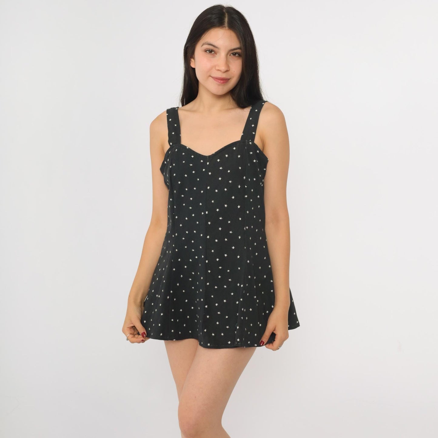 90s Black Star Print Micro Mini Sundress Sweetheart Neckline Sleeveless Medium