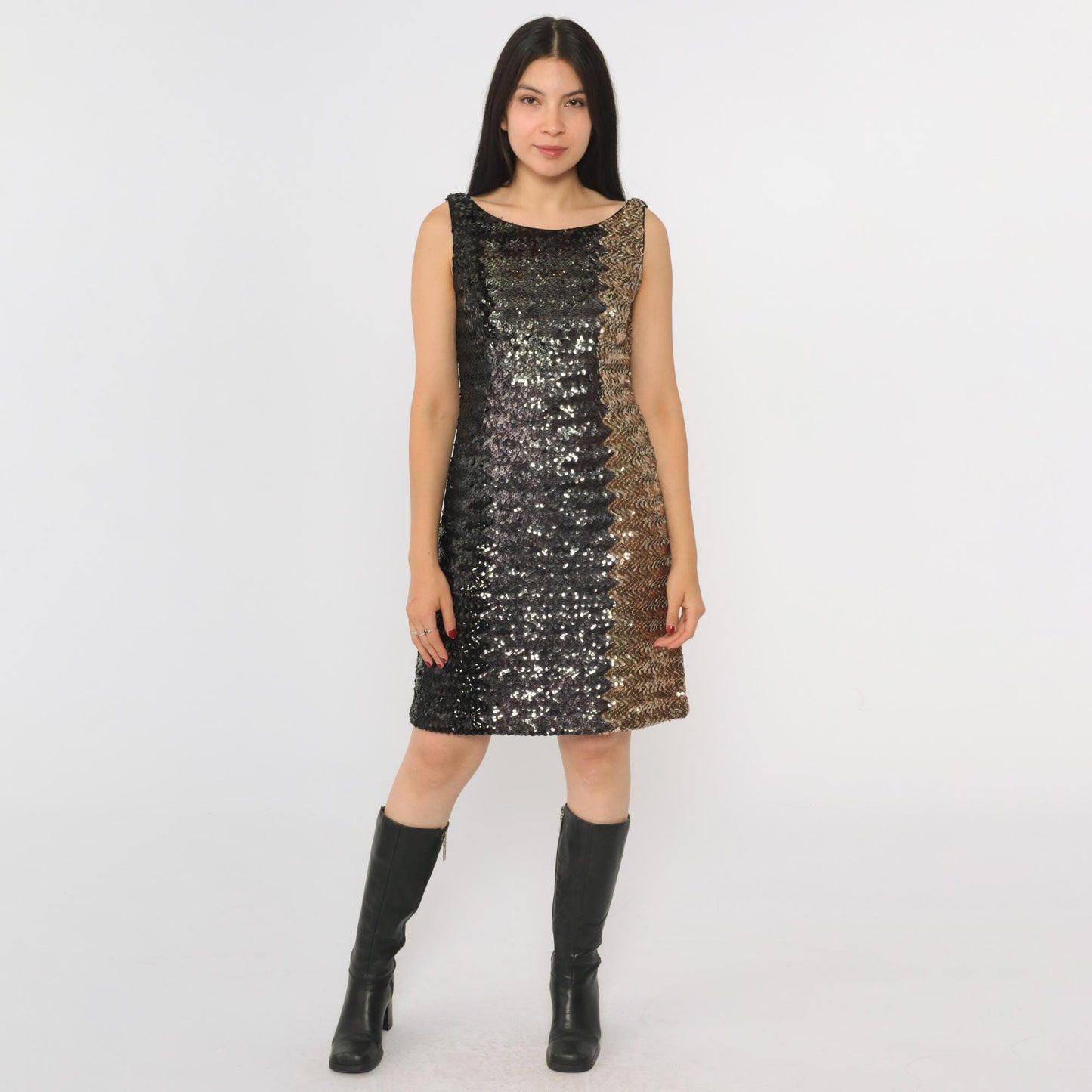 60s Sequin Color Block Mini Dress Gold Black Pewter Mod Sleeveless Small