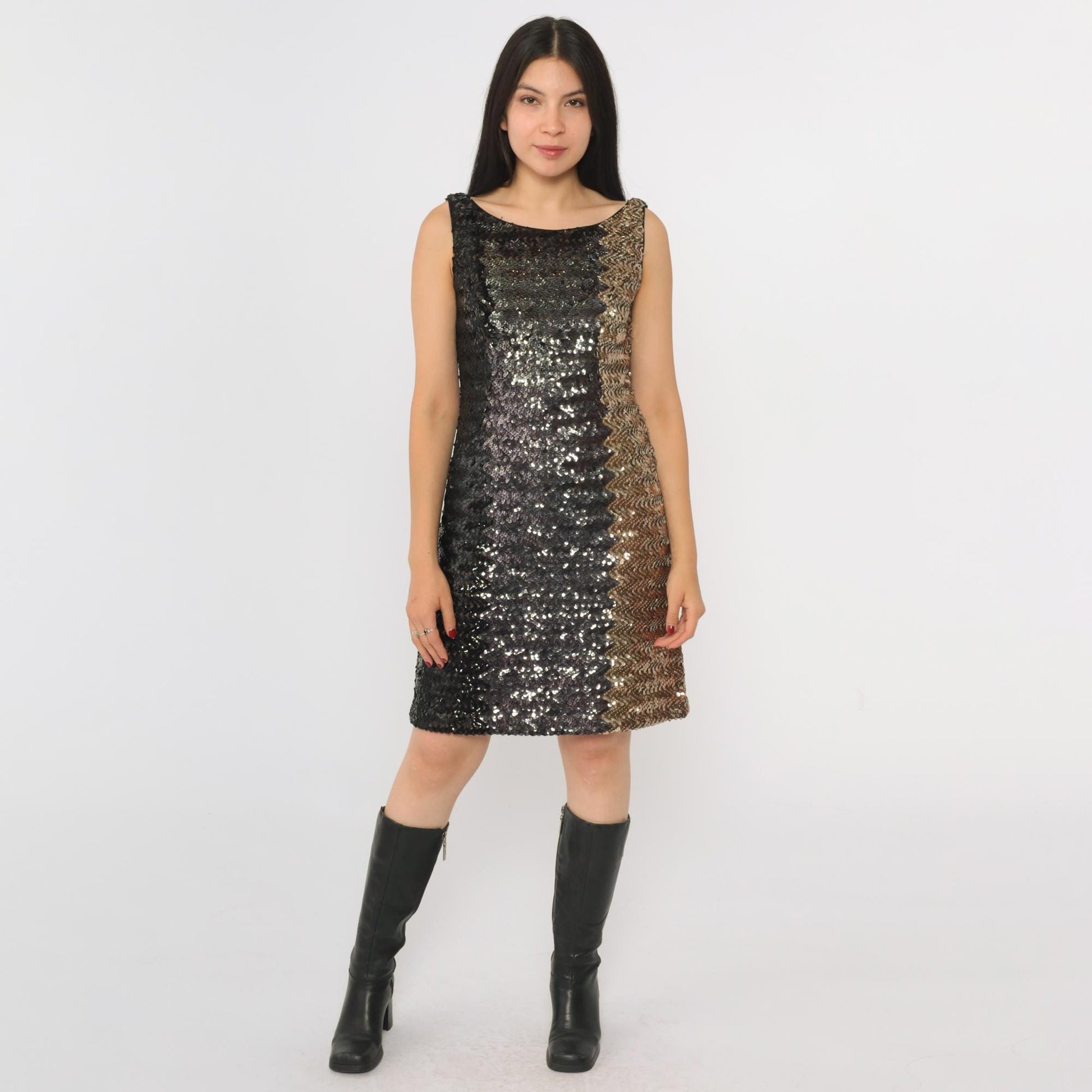 60s Sequin Color Block Mini Dress Gold Black Pewter Mod Sleeveless Small
