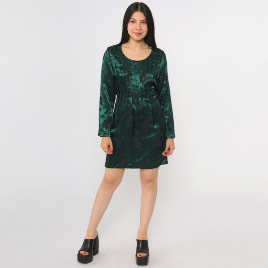 90s Sarah Richards Green Satin Floral Mini Dress Long Sleeve Scoop Neck Small