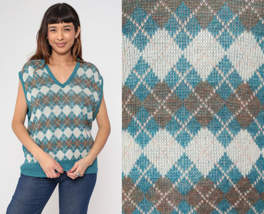80s Turquoise Argyle Wool Acrylic Knit Vest V-Neck Sleeveless Large L