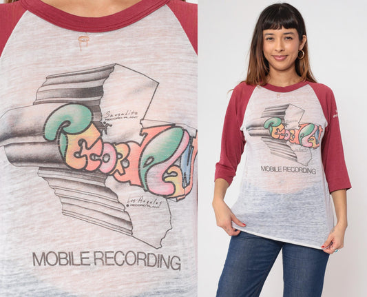 80s Record Plant Mobile Recording Raglan Tee White Maroon Burnout Medium Large