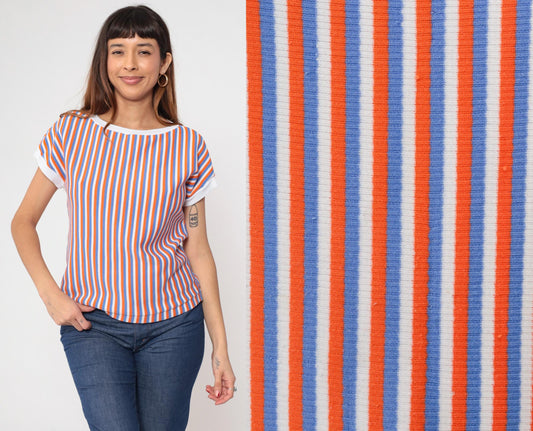 80s Striped Ringer Tee White Orange Blue Cap Sleeve Shirt Medium