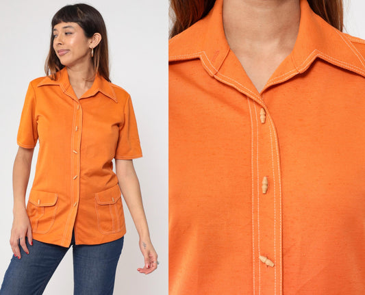 70s Koret of California Orange Button-Up Blouse Toggle Collar Short Sleeve Small