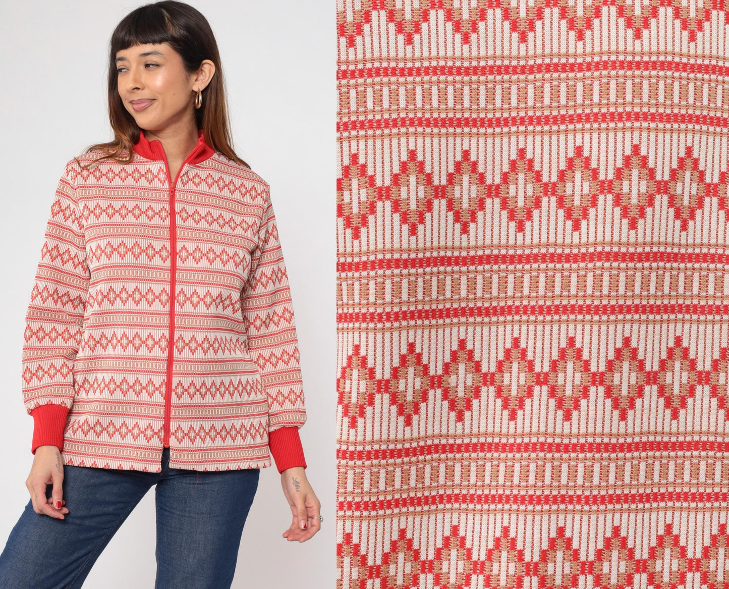 70s Geometric Striped Zip-Up Blouse Red Mock Neck Long Sleeve Large