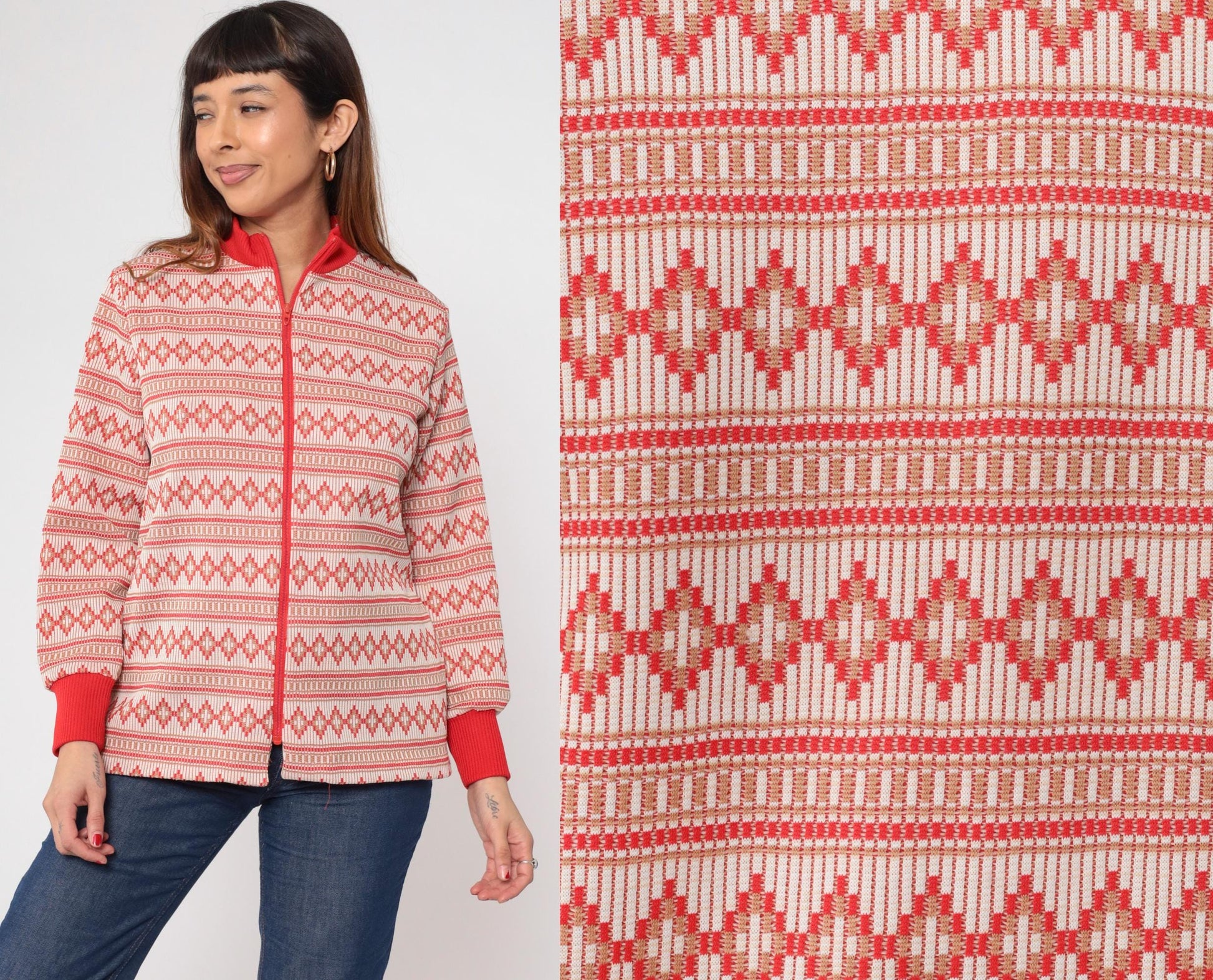 70s Geometric Striped Zip-Up Blouse Red Mock Neck Long Sleeve Large