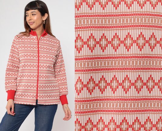 70s Geometric Striped Zip-Up Blouse Red Mock Neck Long Sleeve Large