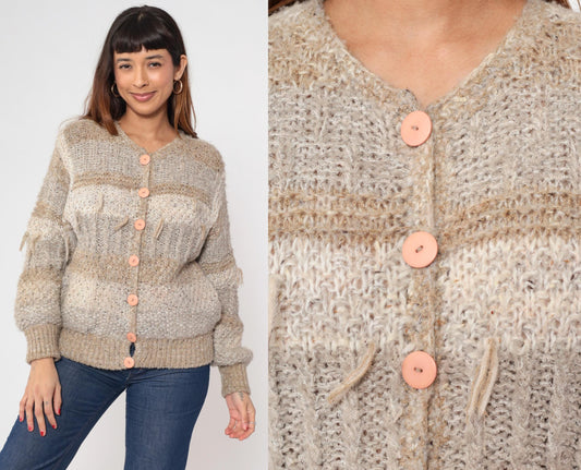 80s Sideffects Striped Cardigan Tan Grey Fringe Knit Small