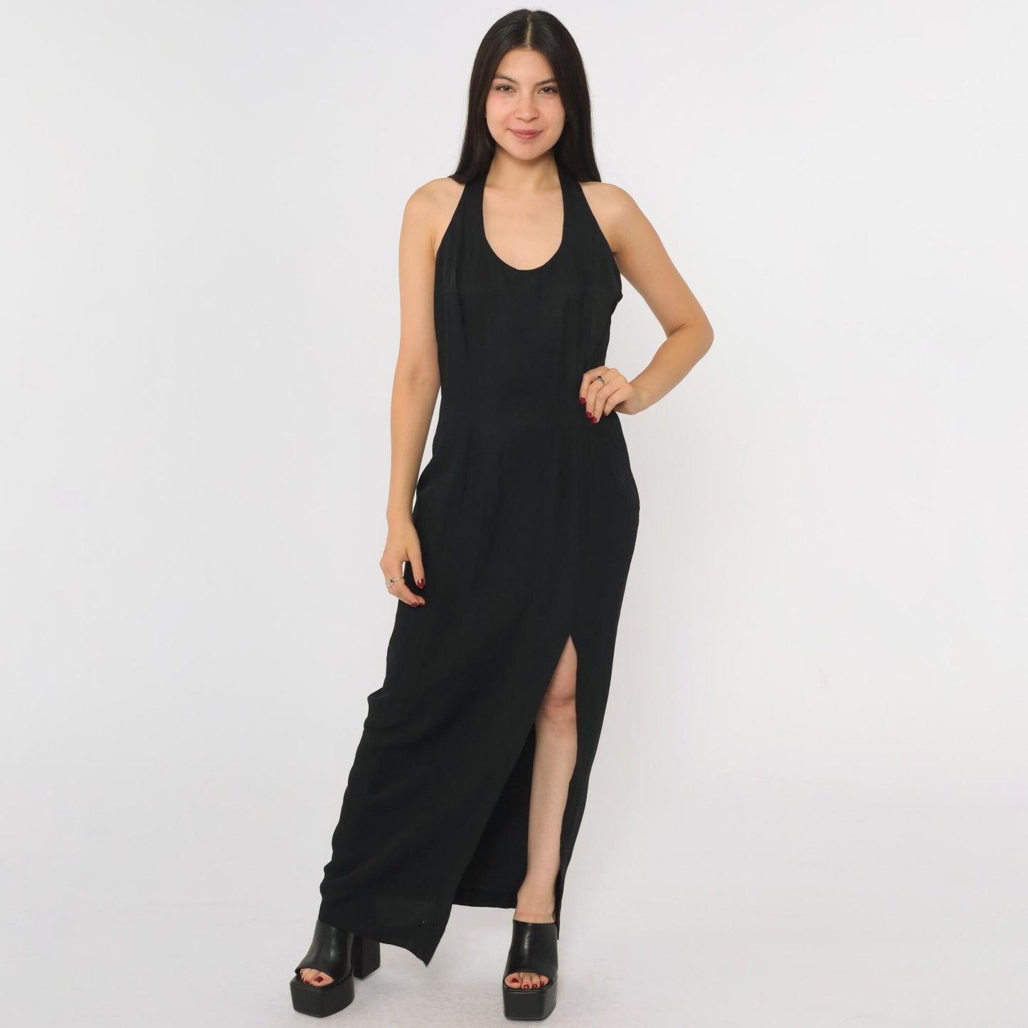 90s Jessica McClintock Gunne Sax Black Maxi Dress Racerback Embroidered Slit Small