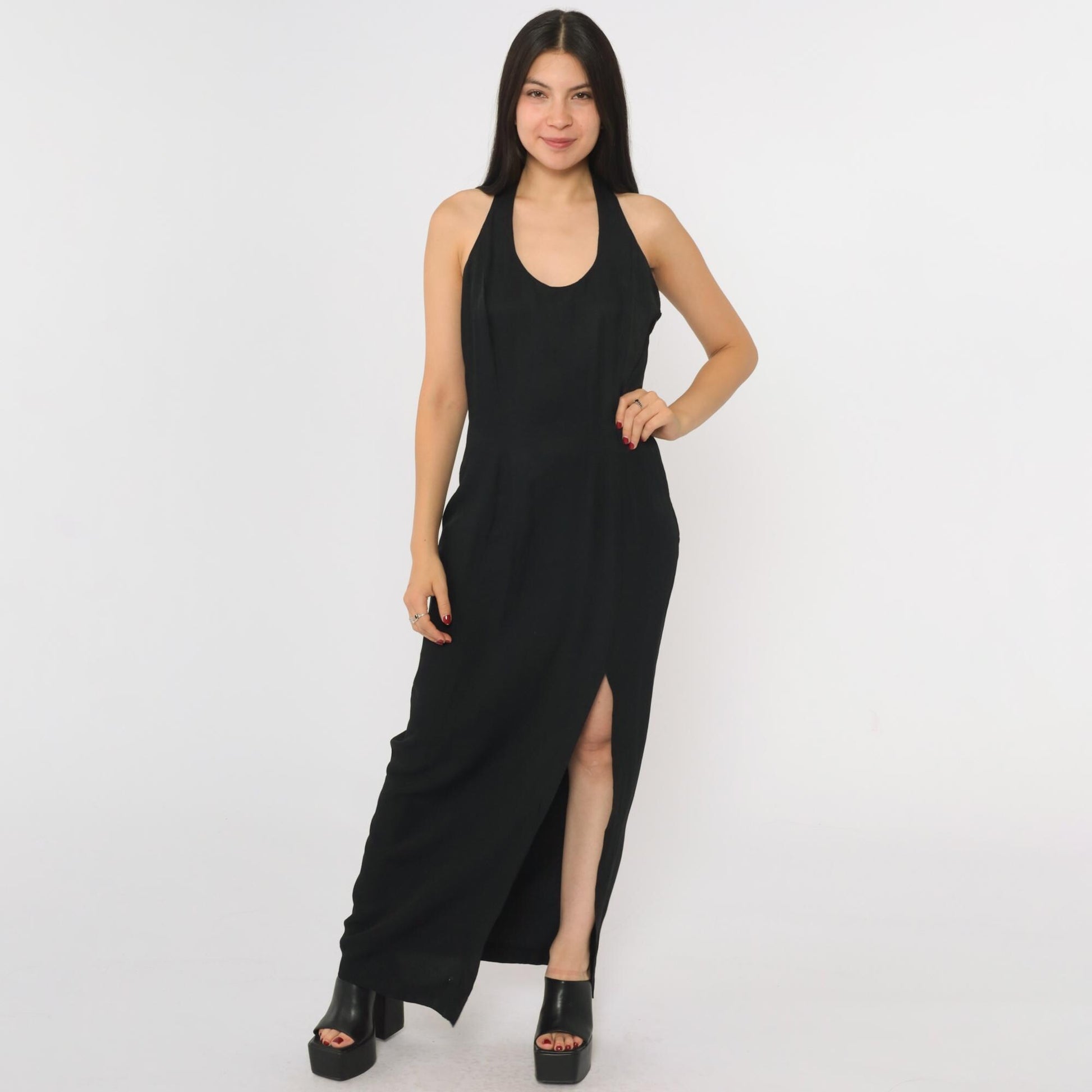 90s Jessica McClintock Gunne Sax Black Maxi Dress Racerback Embroidered Slit Small
