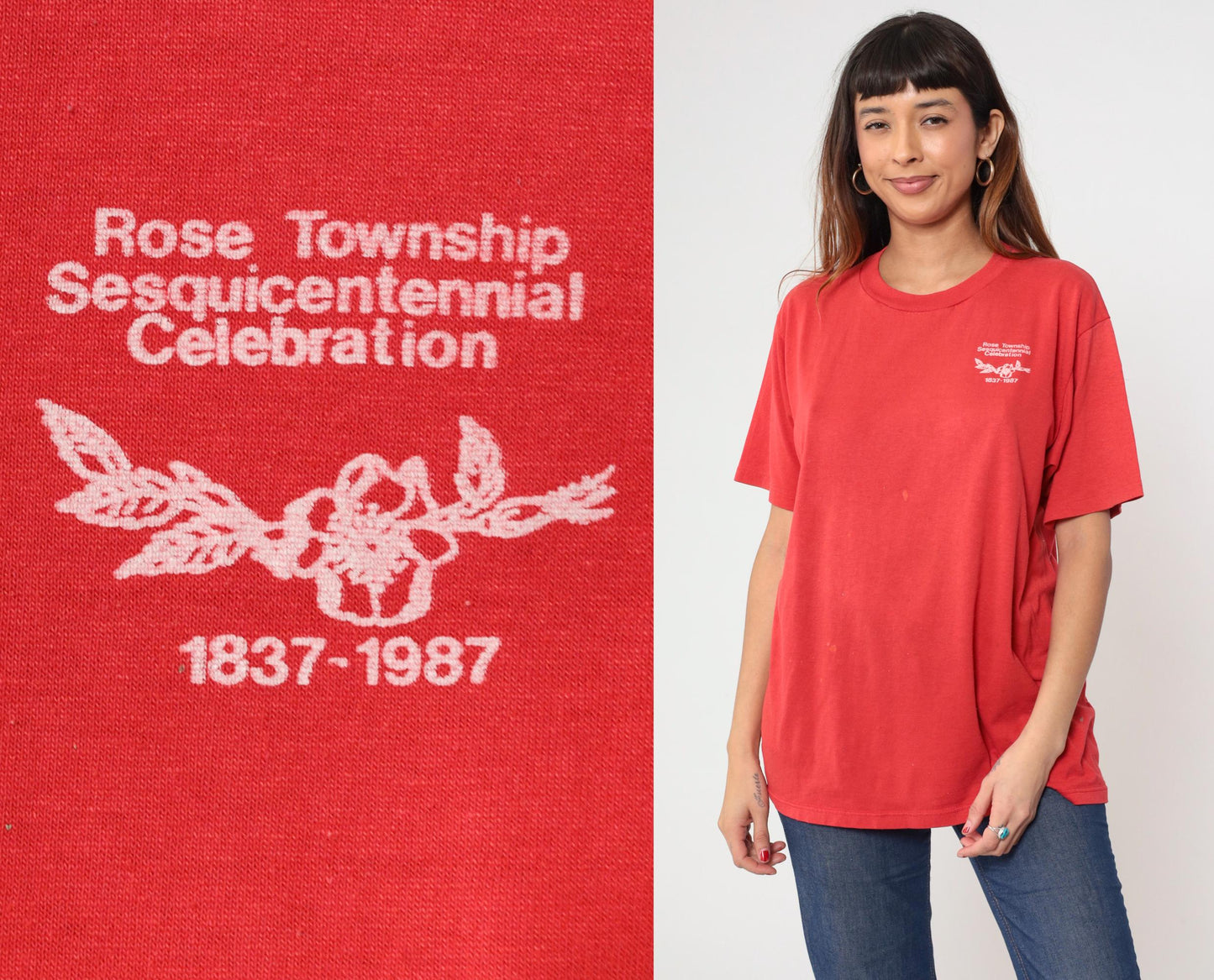 1987 Rose Township Sesquicentennial Michigan T-Shirt Red Jerzees Graphic Large