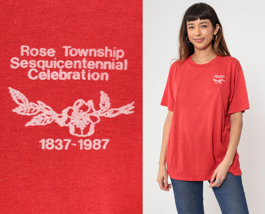 1987 Rose Township Sesquicentennial Michigan T-Shirt Red Jerzees Graphic Large