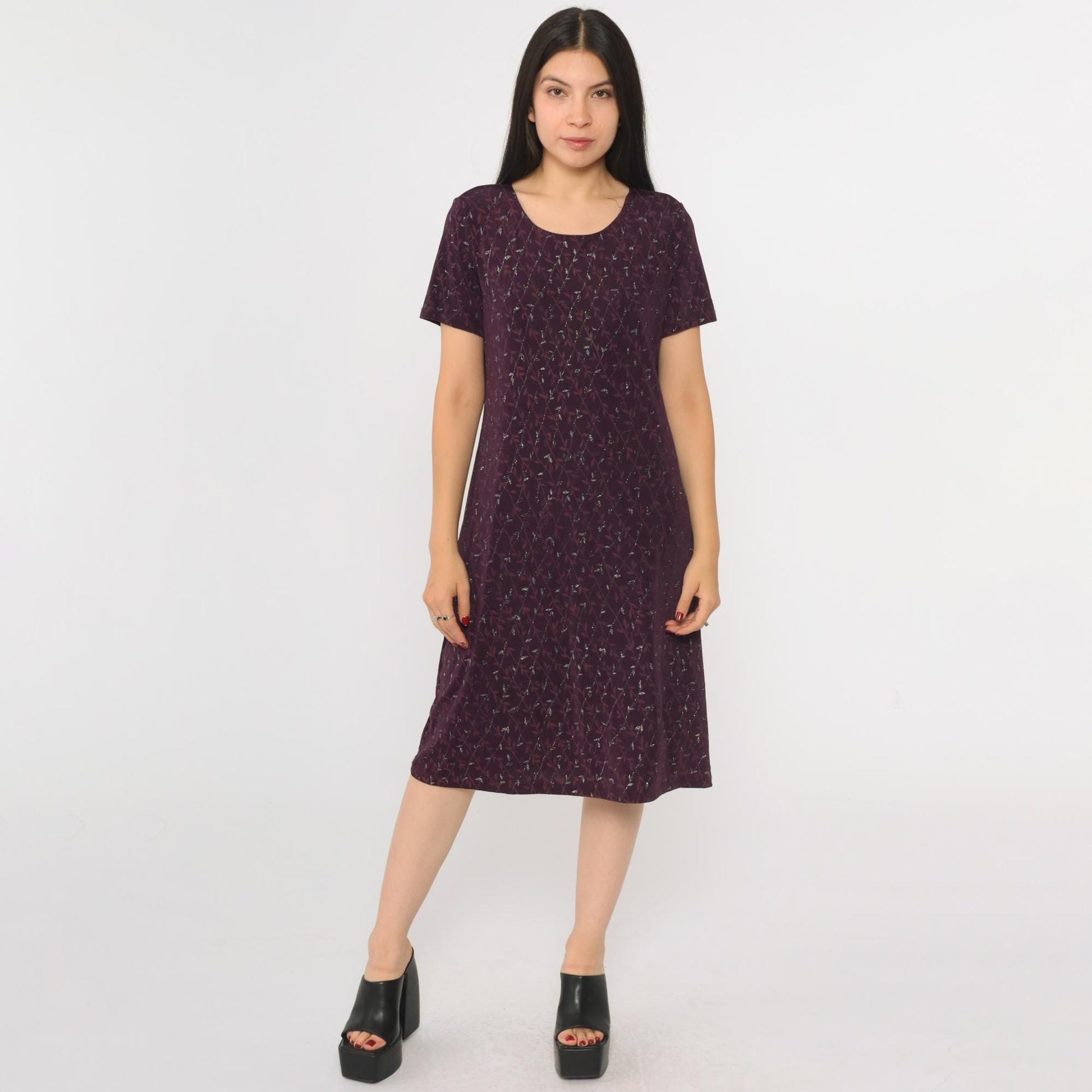 90s AGB Purple Floral Glitter Dress Knee-Length Short Sleeve Large L