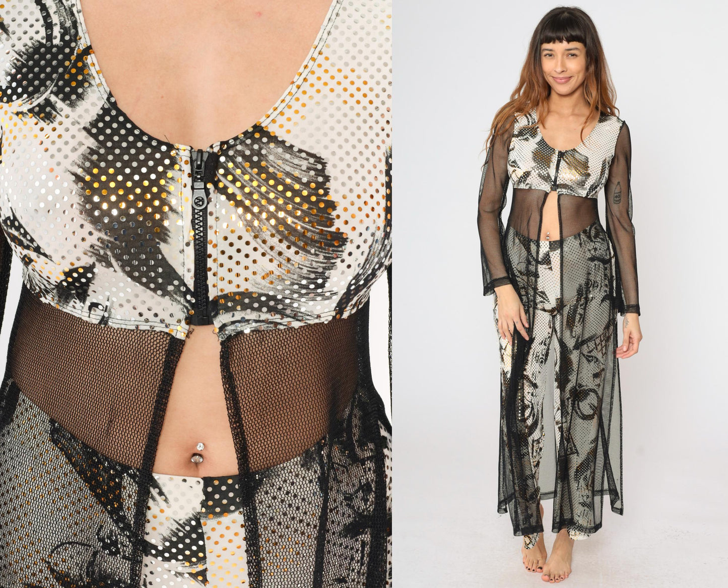Y2K Metallic Dot Two Piece Jumpsuit Set Black Mesh Crop Jacket Flared Pants Small