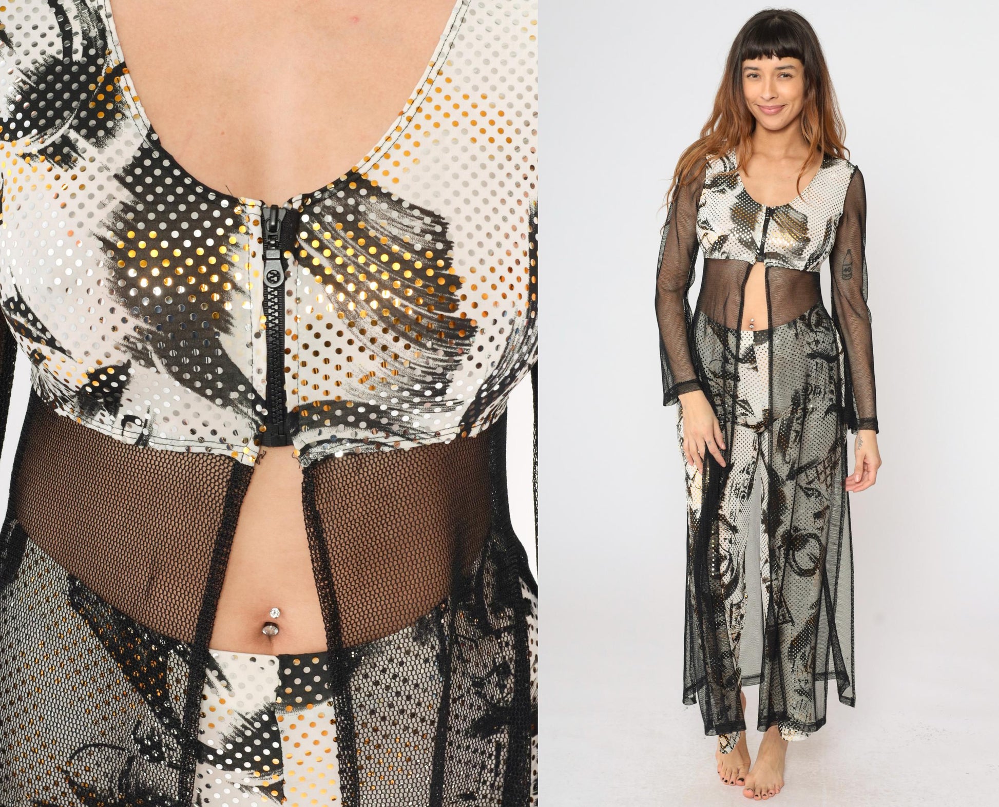 Y2K Metallic Dot Two Piece Jumpsuit Set Black Mesh Crop Jacket Flared Pants Small