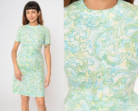 60s Abstract Floral Sheath Dress Green Blue Mini Short Sleeve Extra Small