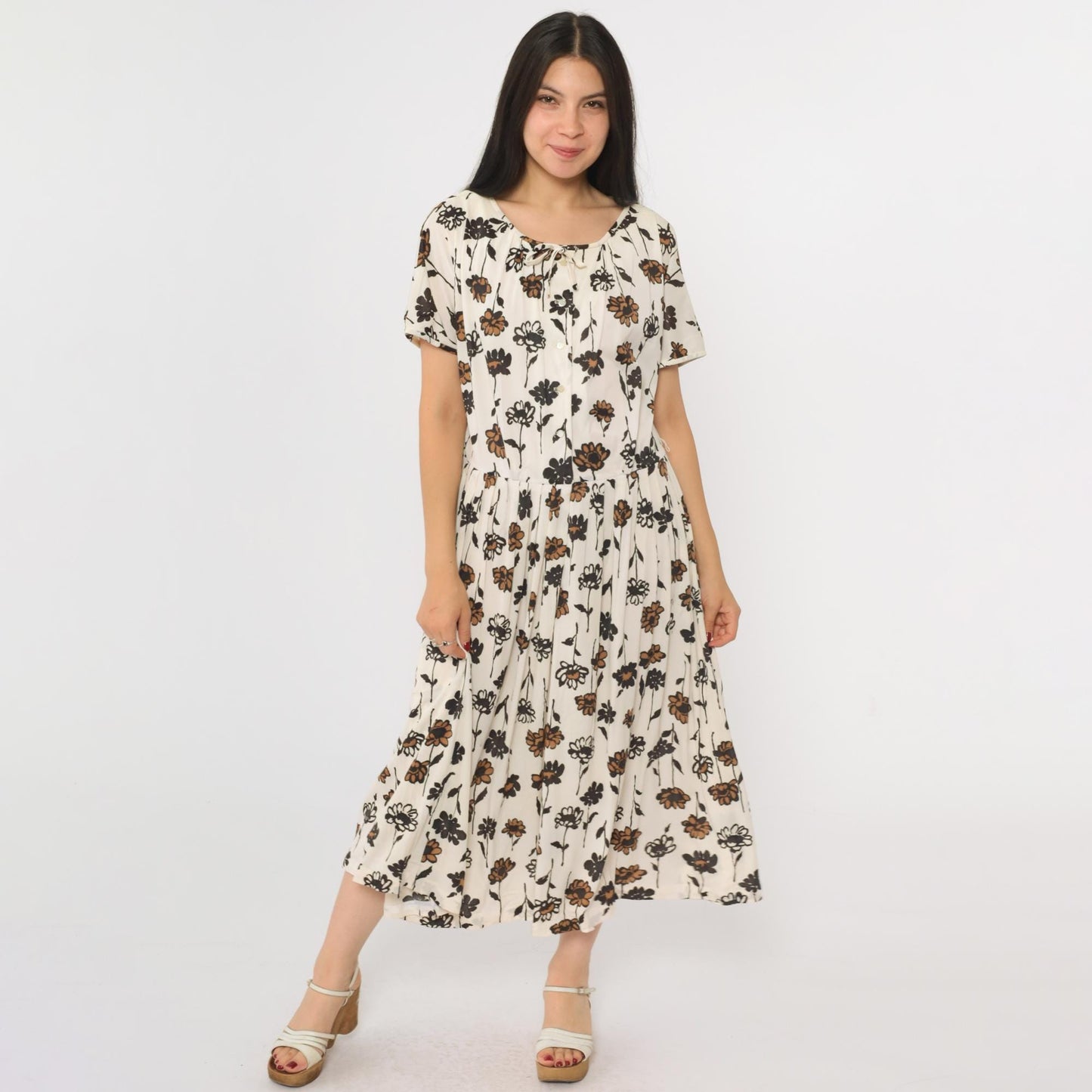 60s White Floral Bow Neck Button-Up Midi Dress Black Brown Print Large L