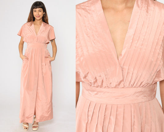 70s Pink Pleated Maxi Dress Flutter Sleeve V-Neck High Waist Front Slit Medium